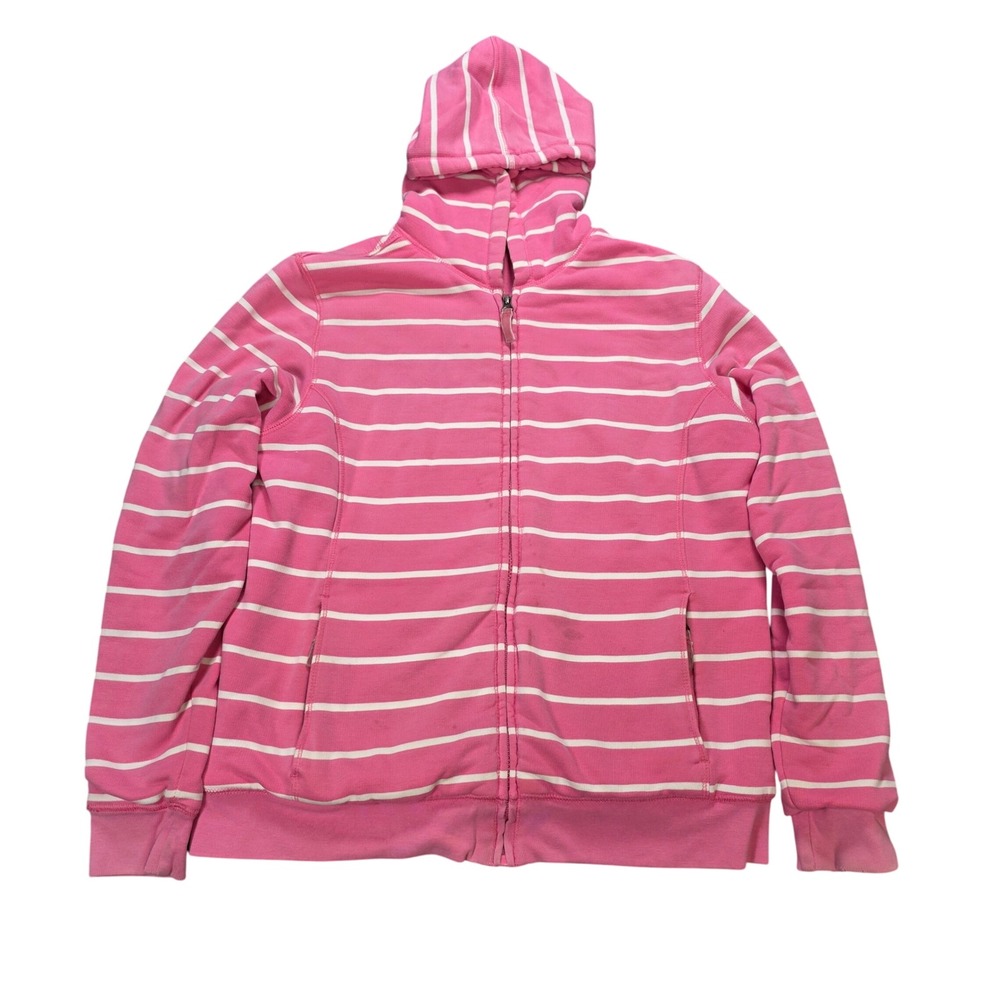 L.L. Bean Full Zip Hoodie Women's Size S Pink White Striped Fleece Lined Y2K